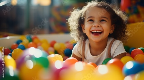A close-up portrait of a laughing little girl having fun in an inflatable pool with colorful balloons at a birthday party at a children's amusement park.