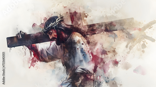 Jesus takes up his Cross. Digital watercolor painting #733643051