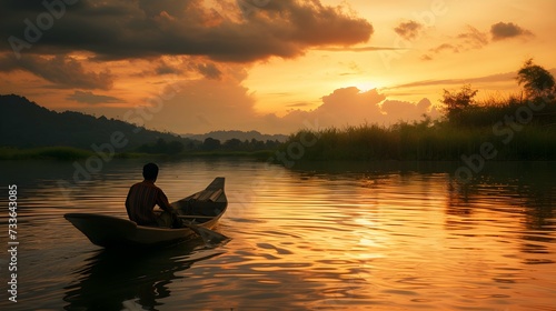 Asian man sitting in a small boat in the river To watch the sunset in the evening. The atmosphere was sad and the sky was getting dark. But the sky is very beautiful.