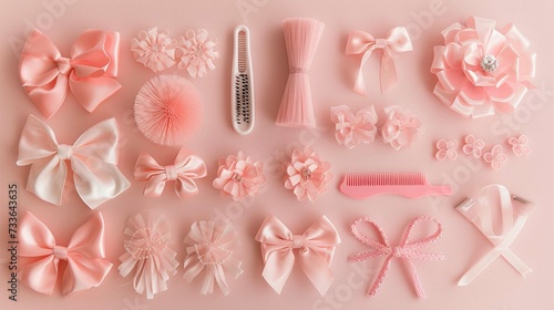Set of baby girl hair accessories. Fashion hair bows, hair brush, hair clips, hairpins and hair elastics. Hairstyles for girls with stylish accessory. photo