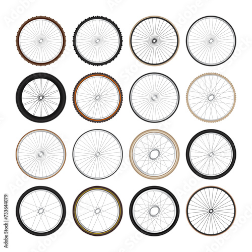 Realistic 3d retro bicycle wheels. Vintage bike rubber tyres, shiny metal spokes and rims. Fitness cycle, touring, sport, road and mountain bike. Vector illustration