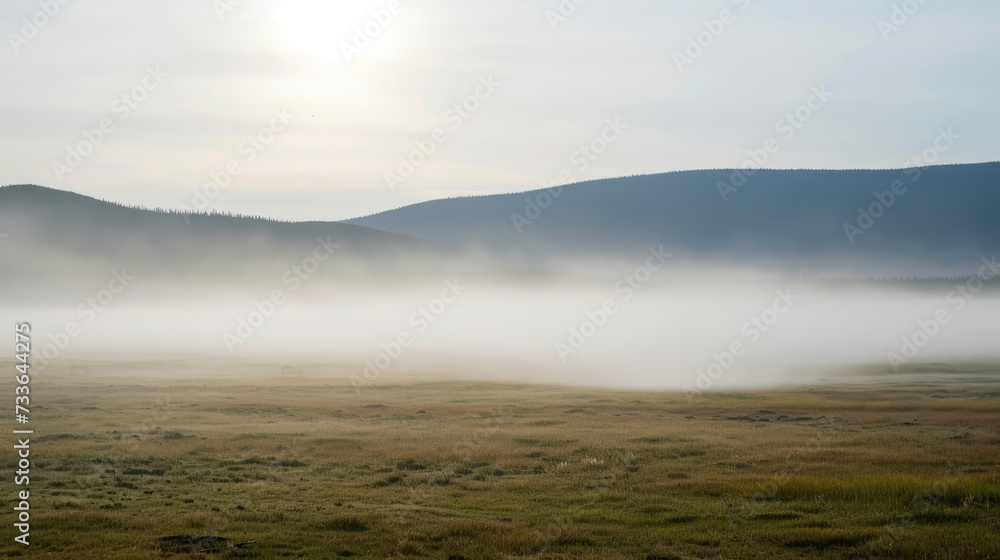 Foggy landscape in a field against the backdrop of mountains and hills in the early morning.