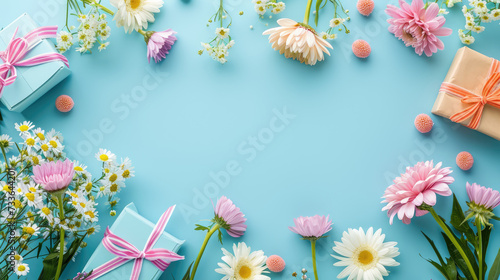 Spring composition with pink flowers and gift boxes on a blue background, top view.