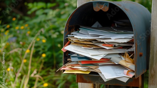 A rural mailbox is overflowing with an assortment of mail, including letters, bills, and various types of unsolicited mail, indicating either neglect or a busy recipient photo
