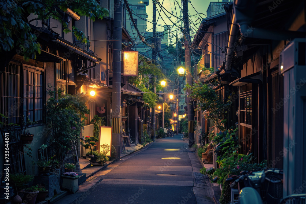 Tranquil street scene in evening light, showcasing urban peace and charm. Urban exploration and serenity.