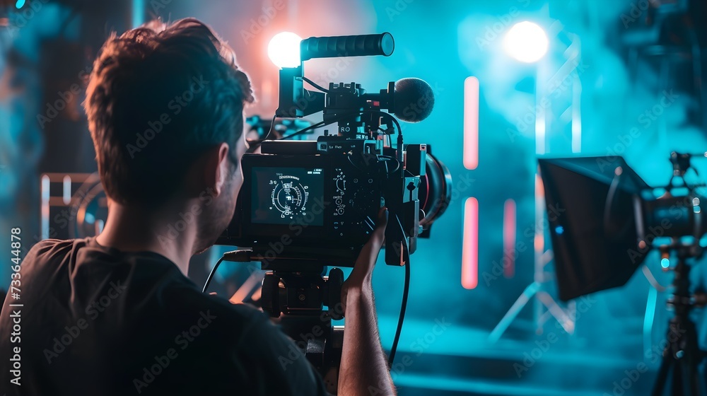 A film director directing a movie scene currently taking photos. A film director directing a movie scene currently taking photos.