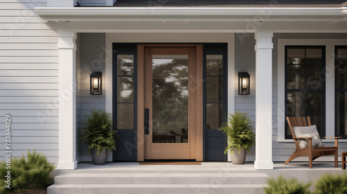 Modern Home Front Porch with Glass Door and Symmetrical Wall Sconces