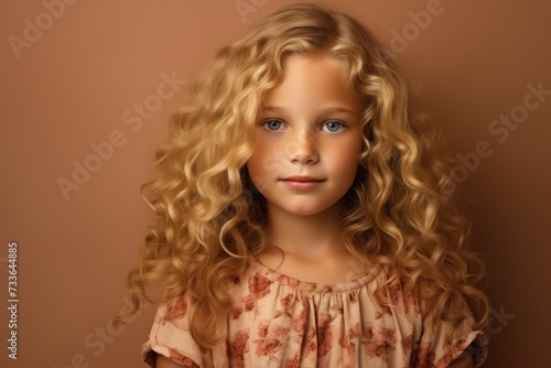 Studio portrait of a beautiful little girl with long curly hair. Beauty, fashion.
