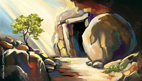 Easter Jesus Christ rose from the dead. Sunday morning. Dawn. The empty tomb in the background of the crucifixion. Happy easter. Christian symbol of faith, art illustration painted oil style photo