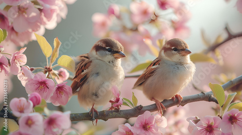 Two sparrows sit on a branch with a tree in the background, generative ai © Neelam