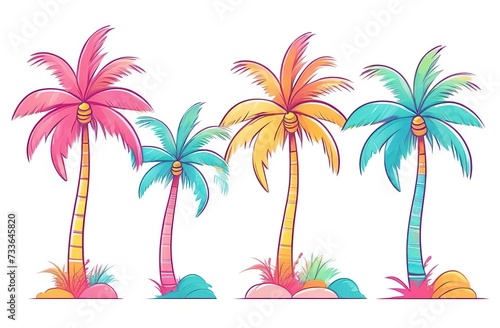 Clear white background, one palm tree isolated on solid white --no grey, black, shadows, illustration style