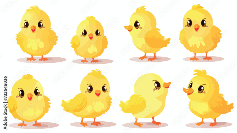 Set of little yellow chicks in various poses.