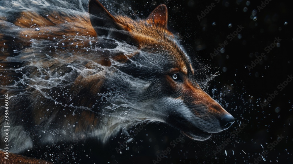 Obraz premium Fierce wolf head amidst water splash