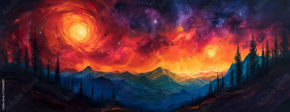 Obraz premium Mountain Landscape With Bright Sun Painted With Oil Paints On Canvas. Generative AI
