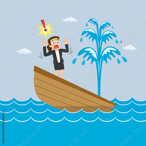 Businesswoman standing in sinking boat surrounded by water.illustration vector eps10 cartoon. 