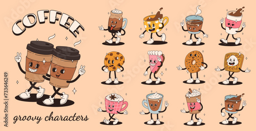 Retro groovy set with coffee mascot, cartoon characters, funny colorful doodle style characters, cappuccino, cocoa, latte, espresso and americano. Vector illustration on beige isolated background.