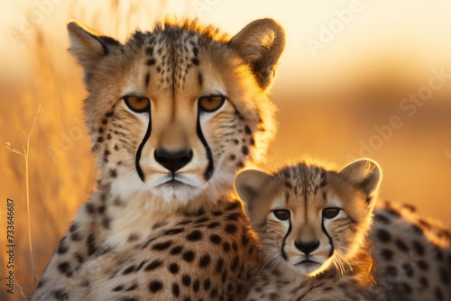 Beautiful view of cheetah pride family in the wild, amidst the stunning backdrop of the safari landscape photo