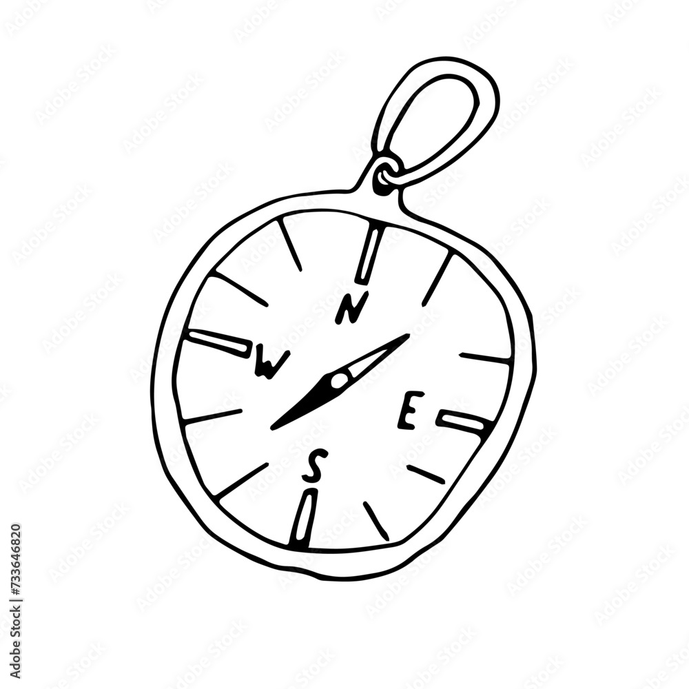 Doodle illustration with small simple hiking compass. Navigation instrument. Camping equipment. Monochrome doodle style elements isolated on white background. Hand drawn sketch. Doodle illustration with small simple hiking compass. Navigation instrument. Camping equipment. Monochrome doodle style elements isolated on white background. Hand drawn sketch.