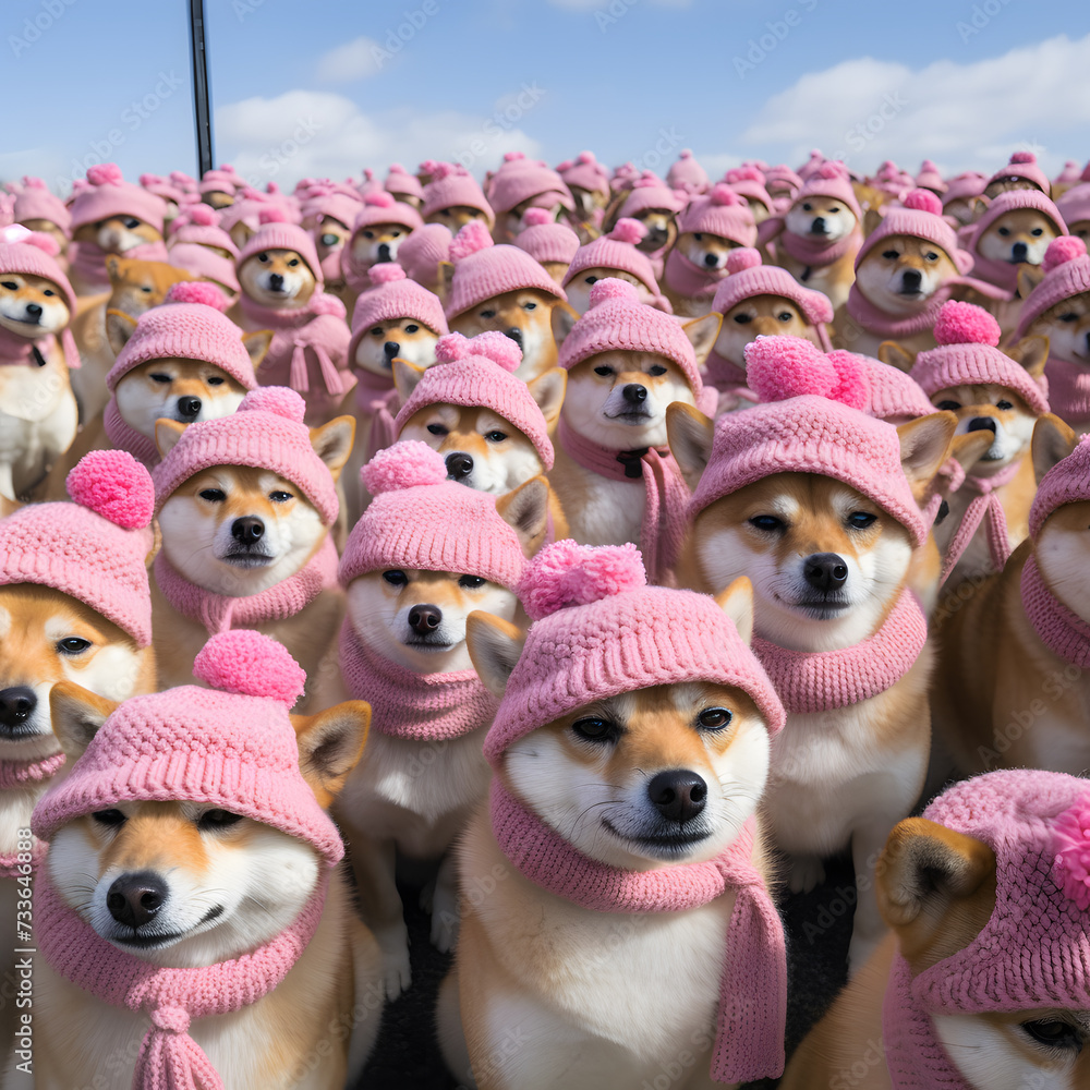 Playful Dogs in Pink Hats: Joyful Gathering of Canines Celebrating Friendship Outdoors