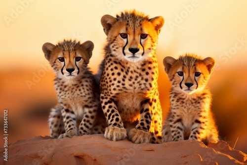 Cheetah pride family with cubs thriving in the magnificent safari landscape. Wild nature