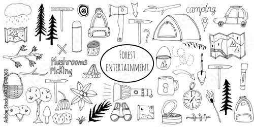 Doodle camping elements set. Camping equipment. Foods, tools, entertainment and outdoor recreation. Monochrome doodle style elements isolated on white background. Hand drawn sketch.