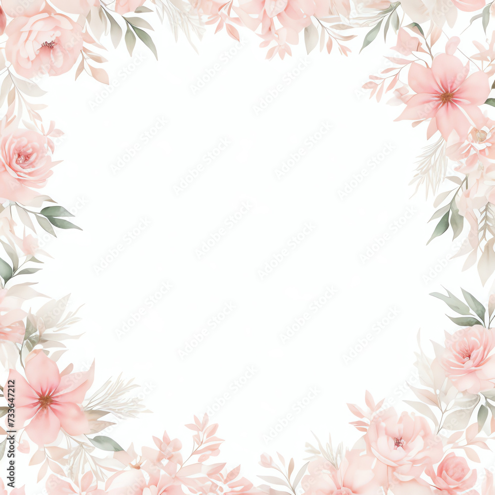 Square Vector watercolor pink flower, plant border white paper background, invitation card