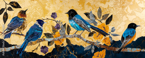 Pop art collage. Blue birds in the jungle on gold background. Wildlife concept