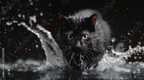 black cat in black background with water splash