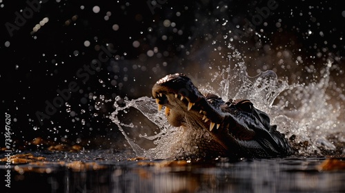 Crocodile lurking in dramatic ambiance with water splash