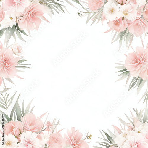 Square Vector watercolor pink flower  plant border white paper background  invitation card