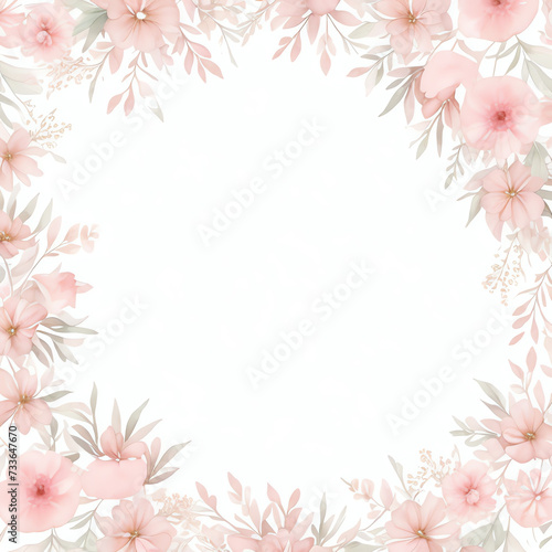 Square Vector watercolor pink flower, plant border white paper background, invitation card