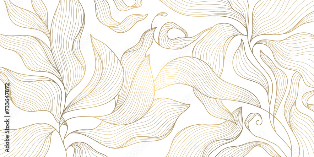 Vector gold leaf background pattern, floral abstract luxury art deco design. Premium elegant jungle line illustration. Fancy tropic summer ornament. - obrazy, fototapety, plakaty 