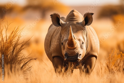 Graceful black rhinoceros silhouetted against the stunning african savanna sunset