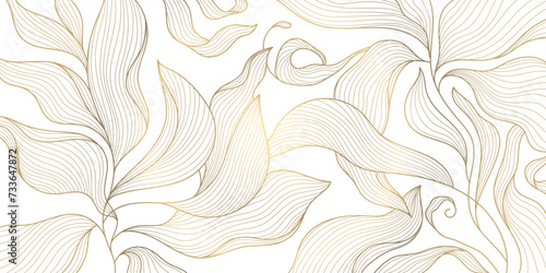 Vector gold leaf background pattern, floral abstract luxury art deco design. Premium elegant jungle line illustration. Fancy tropic summer ornament. #733647872