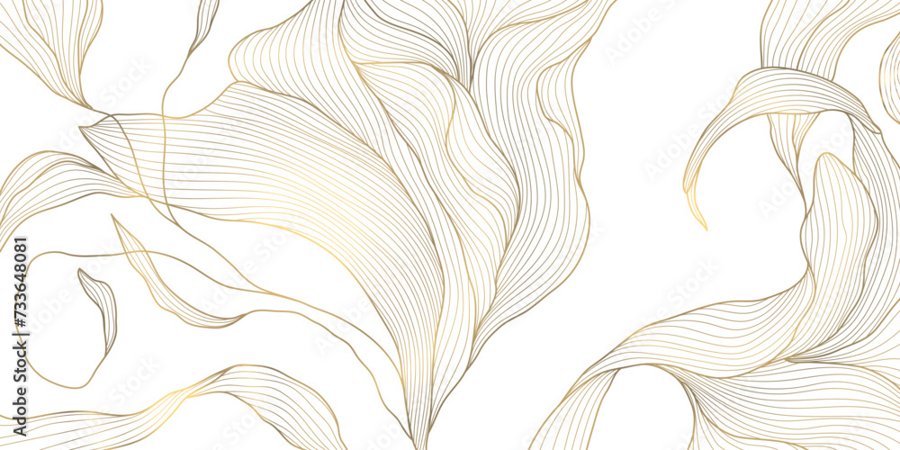 Fototapeta premium Vector gold leaf background pattern, floral abstract luxury art deco design. Premium elegant jungle line illustration. Fancy tropic summer ornament.