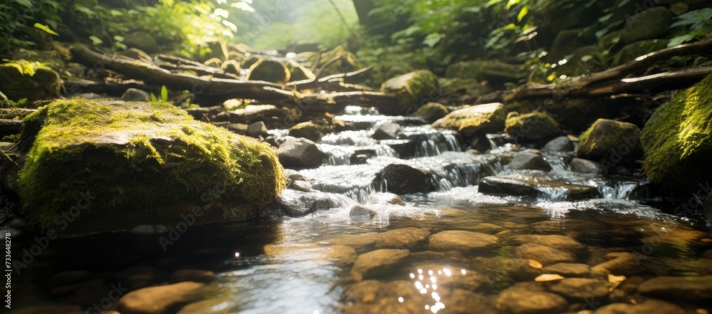 small river in the forest, with flowing water and stones small river in the forest, with flowing water and stones