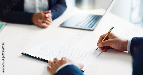 Professional hands, clients and documents signature for legal contract, agreement and office consultation. Notary, advisor or people writing on paper for funding, terms and conditions or insurance