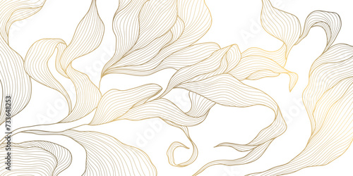 Vector gold leaf background pattern, floral abstract luxury art deco design. Premium elegant jungle line illustration. Fancy tropic summer ornament.