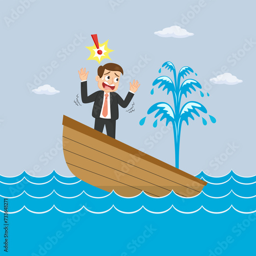 Businessman standing in sinking boat surrounded by water.illustration vector eps10 cartoon.  