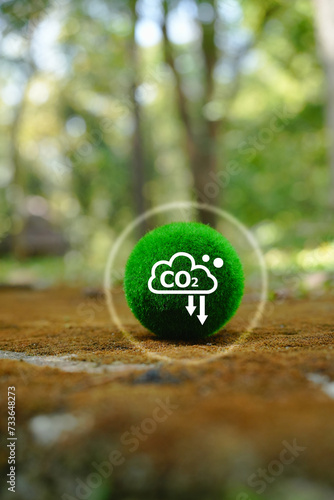 ESG, CO2 reduction, net zero goals, Earth Day concepts. Green ball resting on the ground, symbolizing environmental consciousness and sustainability.
