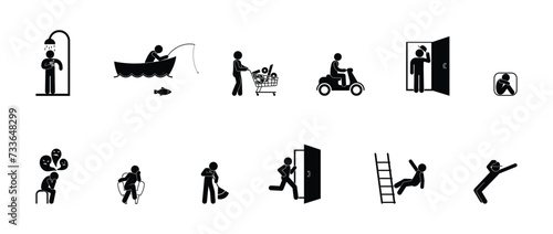 stick figure man icon, isolated human silhouettes, people in different situations