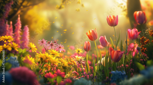 Enchanted Spring  Tulips and Wildflowers Bathed in Sunlight