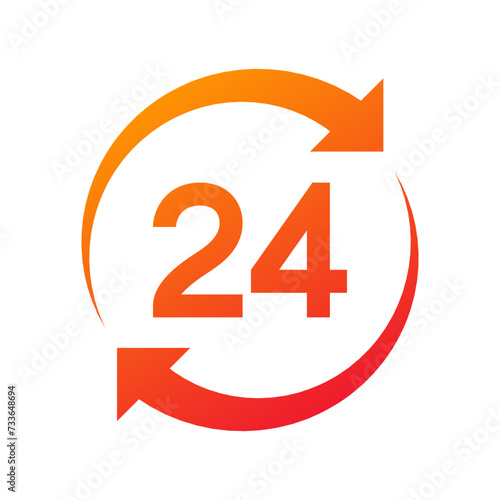 Twenty four hour with arrow loop icon, 24 hours cyclic sign, Opened order execution or delivery, All day business and service, Vector design illustration