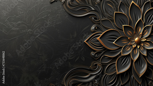 vintage ebony black background with gold ornament, mandala 3d wall decorative, metal flower wall decoration