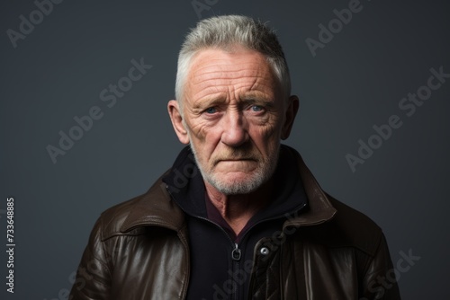 Senior man wearing a leather jacket, studio shot over grey background.