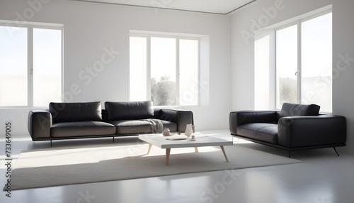 Two black sofas and a coffee table in an empty white room