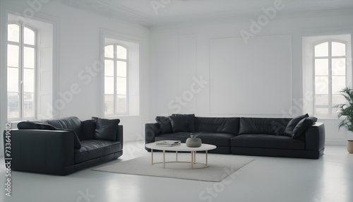 Two black modern sofas and a coffee table in an empty white room