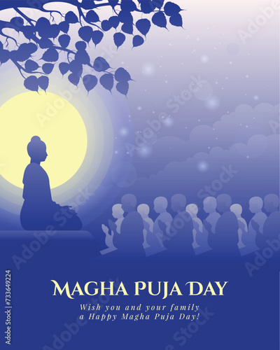 Magha puja day - The Lord Buddha giving and Preach 1250 monks in full moon night with purple blue tone vector design