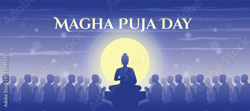 Magha puja day - The Lord Buddha giving and Preach 1250 monks in full moon night with purple blue tone vector design