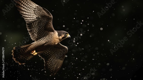 Falcon surrounded by dynamic water droplets in mid-air against dark backdrop